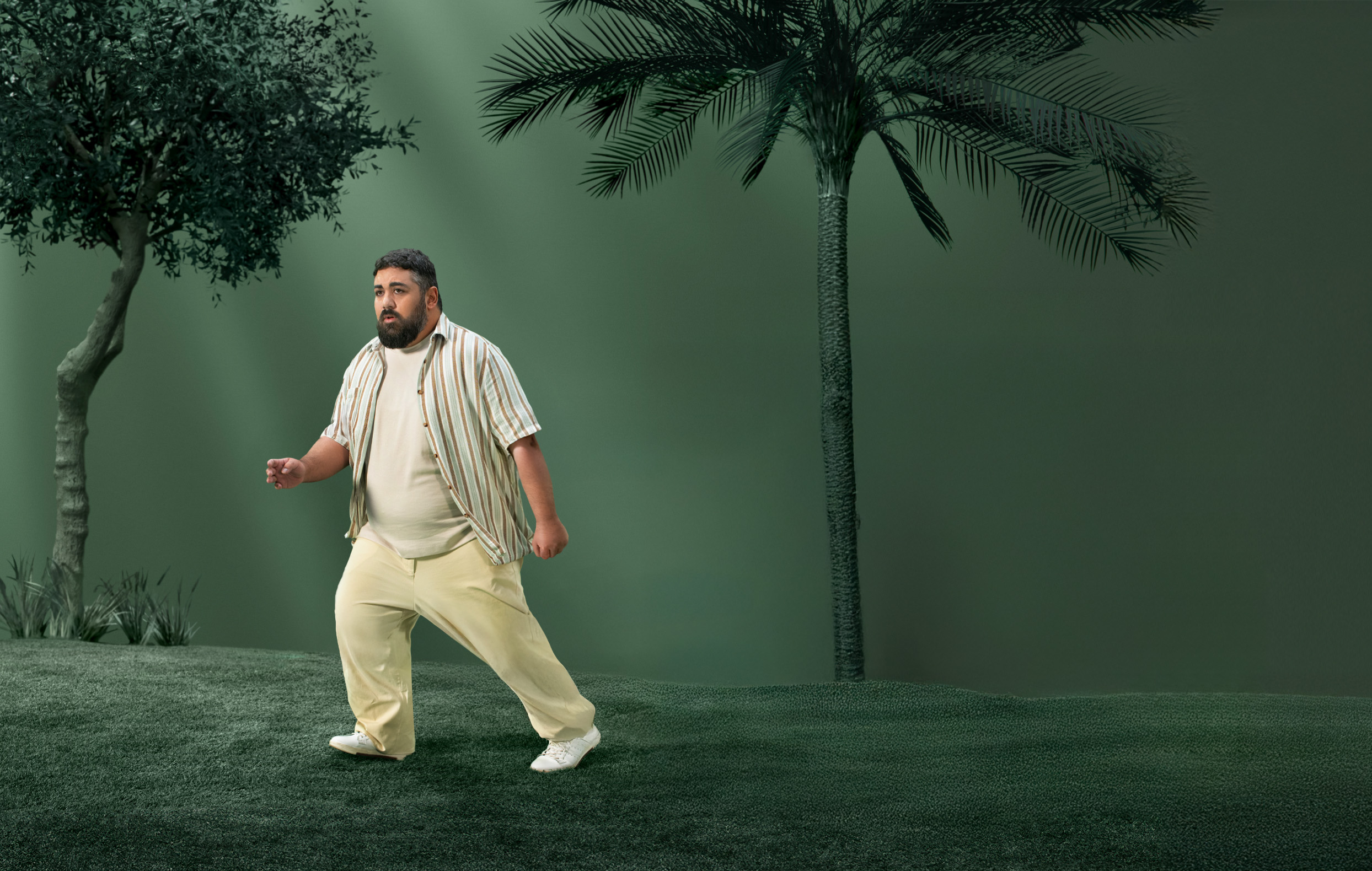 A frustrated-looking man with obesity is held back by resistance bands